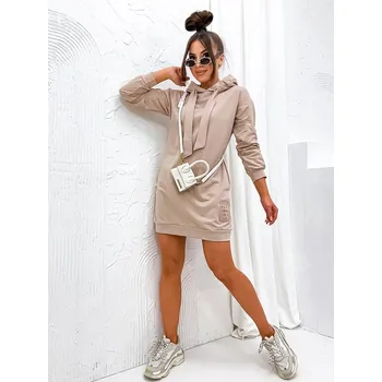 Dámské šaty Béžové teplákové šaty s kapucí (725) odstíny béžové L (40)