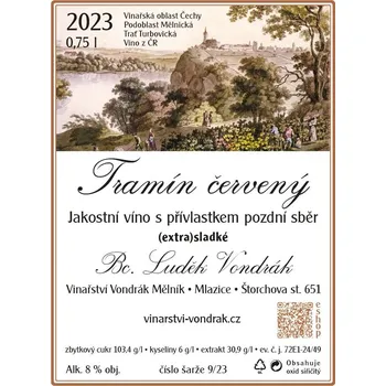 Víno Tramín červený 2023, pozdní sběr, Vinařství Vondrák Mělník, sladké