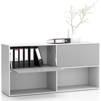 Policová skříň PLAN Kancelářský policový regál LAYERS, dlouhý, 2 boxy, 1582 x 400 x 777 mm, bílá / šedá