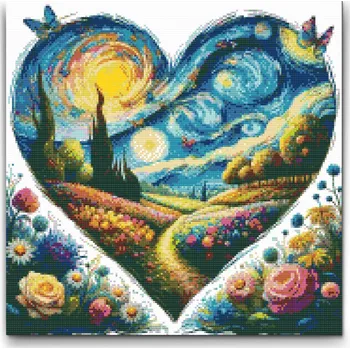 Diamantové malování Diamantové malování - Vincent Van Gogh - Hvězdná noc v srdci Velikost: 50x50cm, Rámování: Pouze srolované plátno, Diamanty: Čtvercové