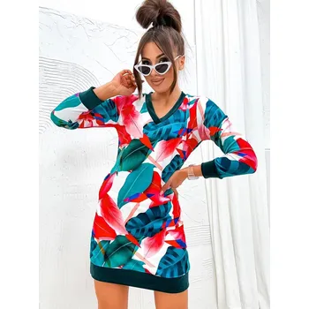 Dámské šaty Zeleno/červené velurové šaty se vzorem listů (8268) odstíny zelené L (40)