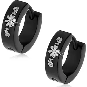 Náušnice Černé kruhové náušnice z chirurgické oceli s potiskem s kvítky