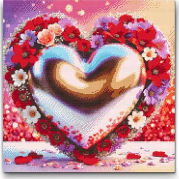 Diamantové malování Diamantové malování - Srdce obklopené květy Velikost: 50x50cm, Rámování: Pouze srolované plátno, Diamanty: Kulaté