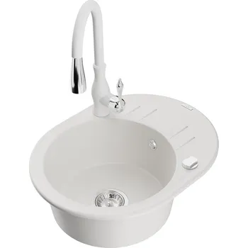 Mexen Kevin 1-miskový granit dřez s odkapem a baterií Savita, bílá 6517-20-672601-20