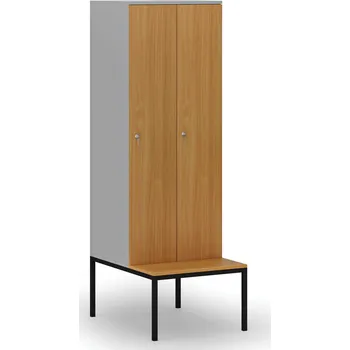 Šatní skříň B2B Partner Dřevěná šatní skříňka S4 s lavičkou, 2 oddíly, 1871 x 600 x 500/800 mm, demont, cylindrický zámek, šedá/buk