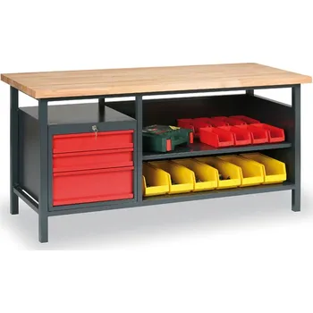 Dílenský stůl B2B Partner Dílenský pracovní stůl GD, buková spárovka, 3 zásuvky, 1 police, 1700 x 685 x 850 mm, antracit / červená