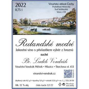 Víno Rulandské modré 2022, výběr z hroznů, Vinařství Vondrák Mělník, suché