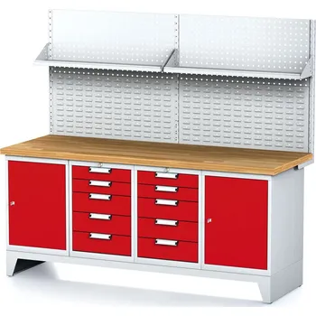 Dílenský stůl Alfa 3 Dílenský stůl MECHANIC I, perforovaný panel, police, 2 skříňky a 2 zásuvkové boxy na nářadí, 10 zásuvek, 2000x685x880 mm, červené dveře
