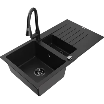 Granitový dřez Mexen Matias granitový dřez 1,5-komorový s odkapávačem a kuchyňskou baterií Elia, černý - 6502-77-670101-70-B Granitové dřezy s baterií