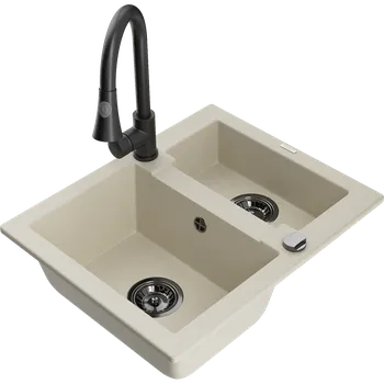 Granitový dřez Mexen Carlos granitový dřez 1,5-komorový s kuchyňskou baterií Elia, béžový - 6518-69-670101-70 Granitové dřezy s baterií