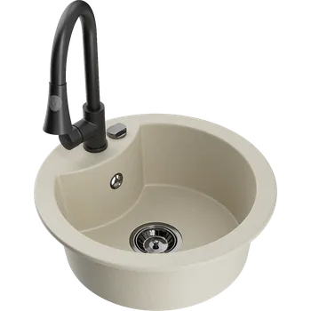 Granitový dřez Mexen Diego granitový dřez 1-komorový s kuchyňskou baterií Elia, béžový - 6512-69-670101-70 Granitové dřezy s baterií