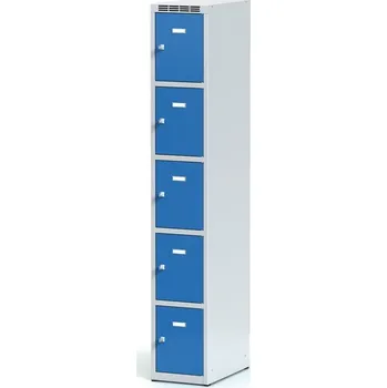 Šatní skříň Alfa 3 Šatní skříňka S6 s úložnými boxy, 5 boxů, 1800 x 300 x 500 mm, otočný zámek, modré dveře