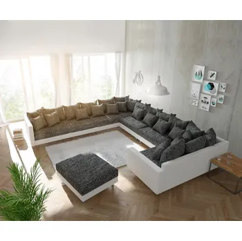 Ložnicová sestava DELIFE Pohovka ve tvaru "U" Clovis XXL bílá černá s taburetem a područkou levá lenoška