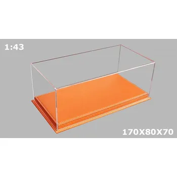 Dárková krabička Vitrínková krabička na modely 1:43 - Čirý Kryt a vysoká Podlážka z oranžové kůže Ručně Vyráběná Akrylová Vitrína + Podlážka z kůží - Box na modely 1/43 - 170x80x70