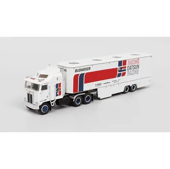 autíčko Kenworth K 100 Aerodyne "Datsun Racing" 1:87 Tahač Kenworth K-100 Aerodyne s přívěsem pro závodní auta Datsun Racing 1:87 - sběratelský model