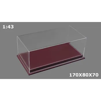 Dárková krabička Vitrínková krabička na modely 1:43 - Čirý Kryt a vysoká Podlážka z vínové kůže Ručně Vyráběná Akrylová Vitrína + Podlážka s kůží - Box na modely 1/43 - 170x80x70mm