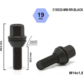 Šroubek na kolo Kolový šroub M14x1,5x35,5 kužel pohyblivý, klíč 19, C19D35-MW-RR-BLACK, výška 66,6 mm, černý
