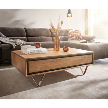 Konferenční stolek DELIFE Konferenční stolek Stonegrace 115x60 cm akácie přírodní 2 zásuvky kamenná dýha