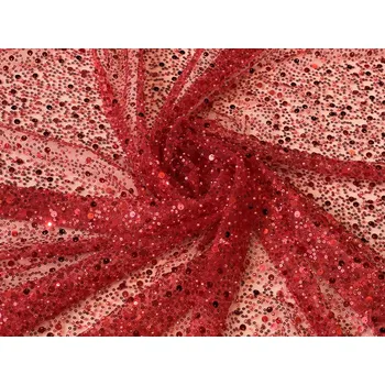 Tyl s korálky a flitry, červený