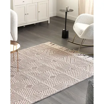 Koberec Koberec béžový/hnědý vlněný 160 x 230 cm geometrický vzor se střapci ručně tkaný obývací pokoj ložnice boho moderní styl Beliani
