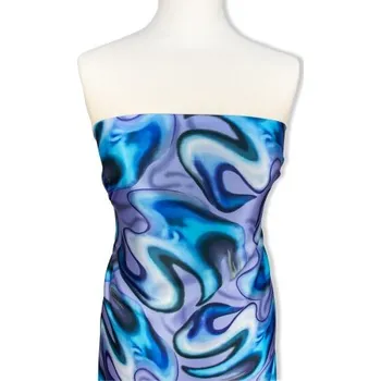 Metráž - HEDVÁBÍ ACETÁT VLNKY MODRÉ - látka na šaty a halenky - Modrá, 150 cm