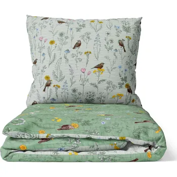 Povlečení DARRÉ Krepové povlečení Ptáčci v kvítí - zelené - duo 140 x 220 cm