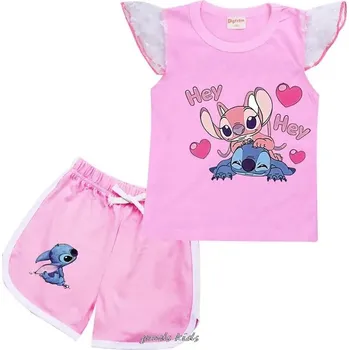 Dívčí letní set - tričko + kraťasy s motivem Lilo & Stitch (řasené rukávky) Barva: světle růžová, Velikost: 110 (3-4 roky)