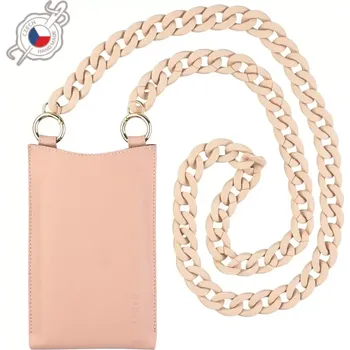 Pouzdro na mobilní telefon Crossbody kožená taštička přes rameno s kapsičkou FIXED Venezia s černým řetízkem pro mobily do 7" - pudrově růžová (Kožená taštička přes rameno s kapsou FIXED Venezia pro 7" mobilní telefony s černým řetízkem, pudrově růžová)