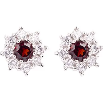 Náušnice granát - stříbrné náušnice - květina (2071-3) povrchová úprava: rhodiované