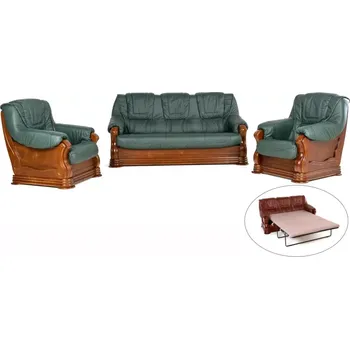 Sedací souprava Rozkládací kožená sedací souprava Baron LUX 3R+1+1 - zelená s hnědým dřevem