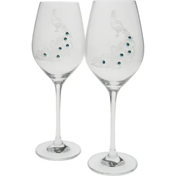Sklenice Sklenice na bílé víno se zelenými kamínky Páv 360 ml sada 2 ks (Souprava dvou sklenic na víno)