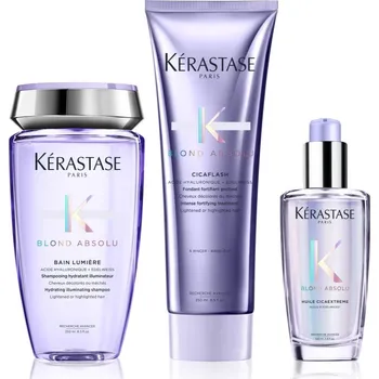 Vlasová regenerace Kérastase Blond Absolu šamponová lázeň pro zesvětlené nebo melírované vlasy 250 ml + hloubková péče pro zesvětlené nebo melírované vlasy 250 ml + Kérastase Blond Absolu L'huile Cicagloss hydratační olej pro blond a melírované vlasy 75 ml