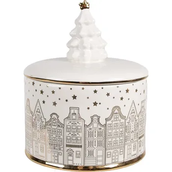 Dóza na potraviny Bílo-stříbrná keramická dóza s domky a stromkem - Ø 15 * 19 cm