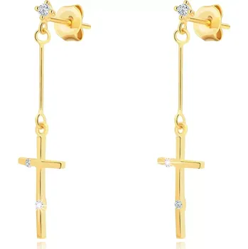 Náušnice Zlaté náušnice 14K s latinským křížem a čirými zirkony