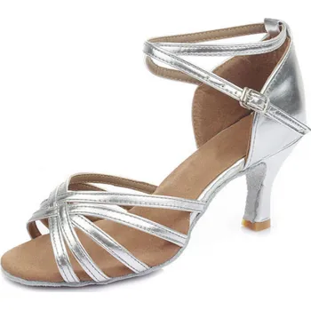 Dámské lodičky Taneční střevíce Laura s koženou podrážkou - Stříbrné 40 podpatek 7 cm