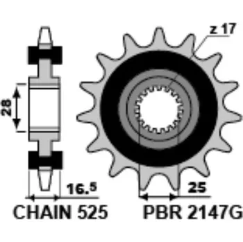Řetězová sada pro motocykl P.B.R. Sprockets S.r.l. Sekundární tiché řetězové kolečko PBR Sprockets RSS pro KTM 950/990/1050/1190/1290/ ADVENTURE/RC8/SUPER DUKE mod.525 Počet zubů: 17