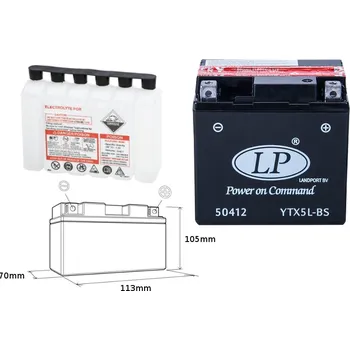 Motobaterie LANDPORT BATERIE YTX5L-BS (MA LTX5L-BS) 12V 4AH 114X71X106 BEZÚDRŽBOVÁ - ELEKTROLYT ODDĚLENĚ (8) UE2019/1148