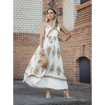 Dámské šaty BudesIN Letní dlouhé hnědobílé šaty Kimba na ramínkách