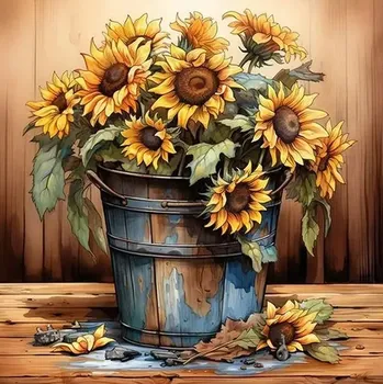 Diamantové malování Diamantové malování/HOMFUN - Kytice slunečnic + třpytivé kamínky (40x40)