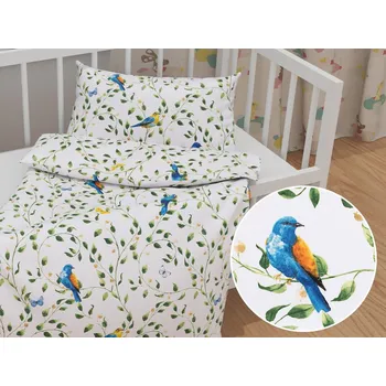 Povlečení Dětské bavlněné povlečení do postýlky Sandra SA-501 Modří ptáčci a větvičky na bílém Do postýlky 100x135 a 40x60 cm
