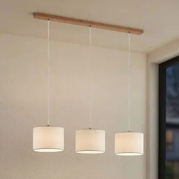 Závěsné svítidlo Lindby Imarin, 3 světla, bílá, textil, 100 cm - Stropní držák - délka 100 cm, šířka 6 cm, výška 2,5 cm; stínidlo - Ø 25 cm, výška 18 cm Světlé dřevo, bílá 3 x 15 W LED - Doprava zdarma