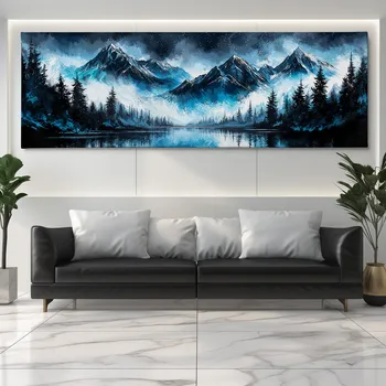 Obraz Obraz na plátně - Horské štíty vykukují z mlhy nad jezerem FeelHappy.cz Velikost obrazu (šířka x výška): 120 x 40 cm