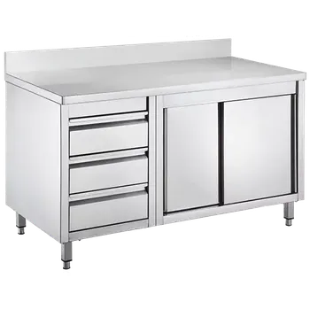 Dílenský stůl GS - 150 DZL stůl pracovní, posuvná dvířka, zásuvky vlevo, zvýšený zadní lem, nerezový