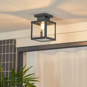 Lampička Lindby venkovní stropní svítidlo Mandus, černé, nerezová ocel, 22 cm - Baldachýn – délka 12 cm, šířka 12 cm, výška 2,2 cm černá, průhledná 1 x 15 W LED - Doprava zdarma