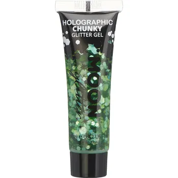 Třpytka na tělo a vlasy Třpytivý gel MOON - holografický, hrubé třpytky Barva: zelený, Třpytky: holografické, hrubé