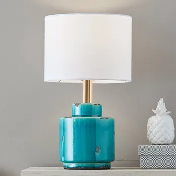 Lampička Markslöjd Textilní stolní lampa Cous s keramickým podstavcem - Délka kabelu 200 cm zelenomodrá, bílá 1 x 60 W - Doprava zdarma
