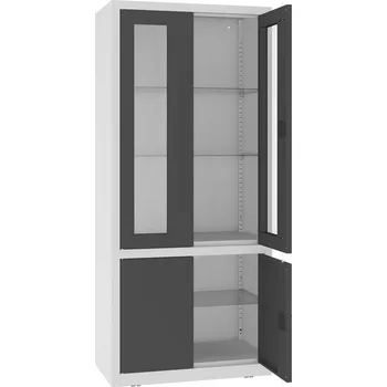 Kovová skříň, horní dveře prosklené, dolní plné, kovové police, dvoukřídlé dveře, š x h x v: 800x435x1800 mm, barva dveří antracitová RAL7016