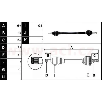 přední poloosa AVORD délka 980mm, 33 drážek u kola, 25 drážek u převodovky MAN, bez ABS kroužku, P, repasovaný originál (+vratn