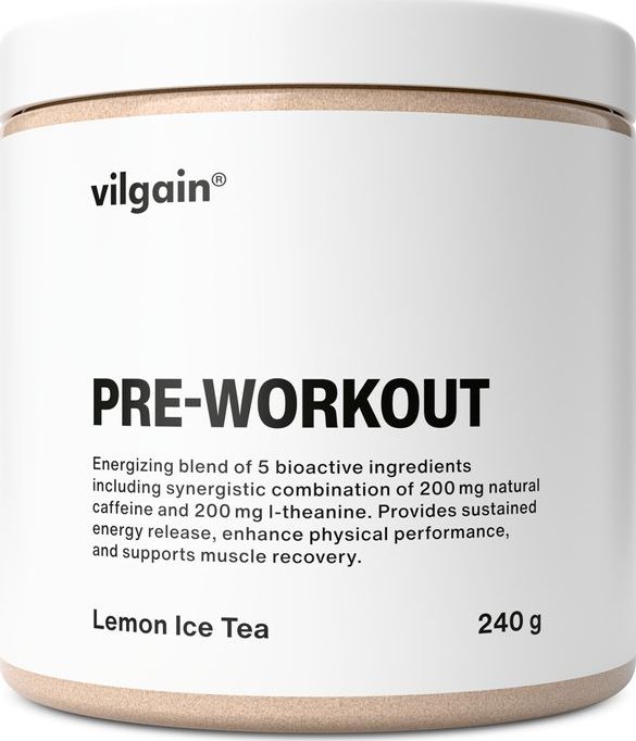 Vilgain Pre-Workout –⁠ směs na přípravu nápoje s obsahem kofeinu, taurinu a L-theaninu, kofein pomáhá zlepšit bdělost a soustředění, určeno před fyzickou aktivitou - citronový ledový čaj 240 g