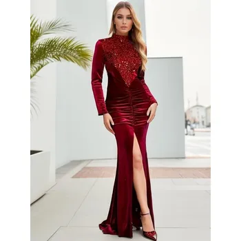 Dámské šaty Třpytivé saténové šaty s rolákem a rozparkem Barva: Červená, Velikost: S